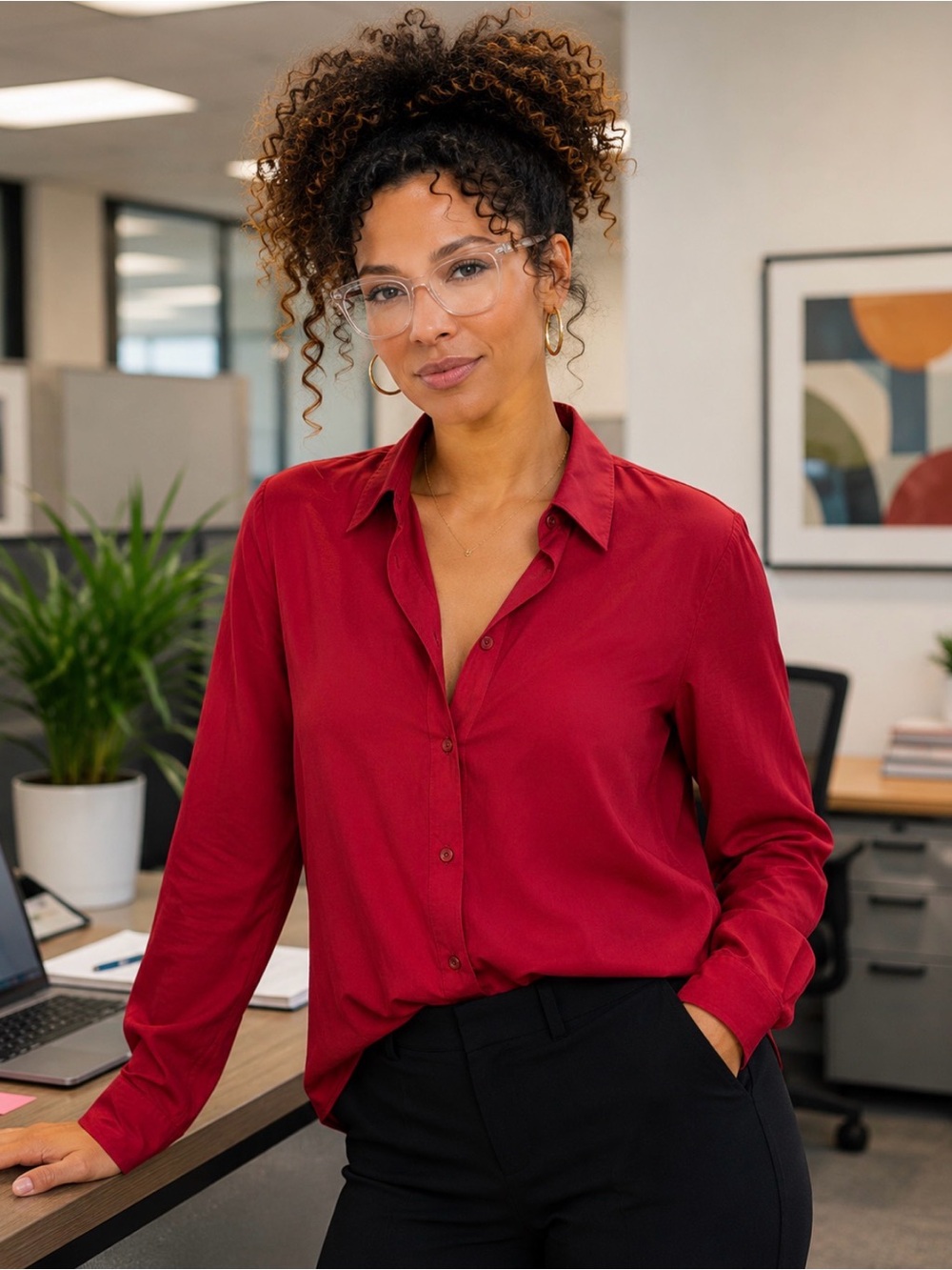 Express Portofino Wine Button Front Blouse | Long Sleeve Career